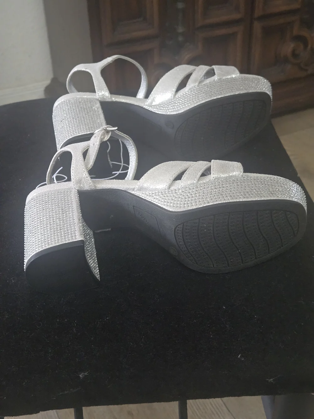 Sparkle Platform Heeled Sandals in Silver with Ankle Strap